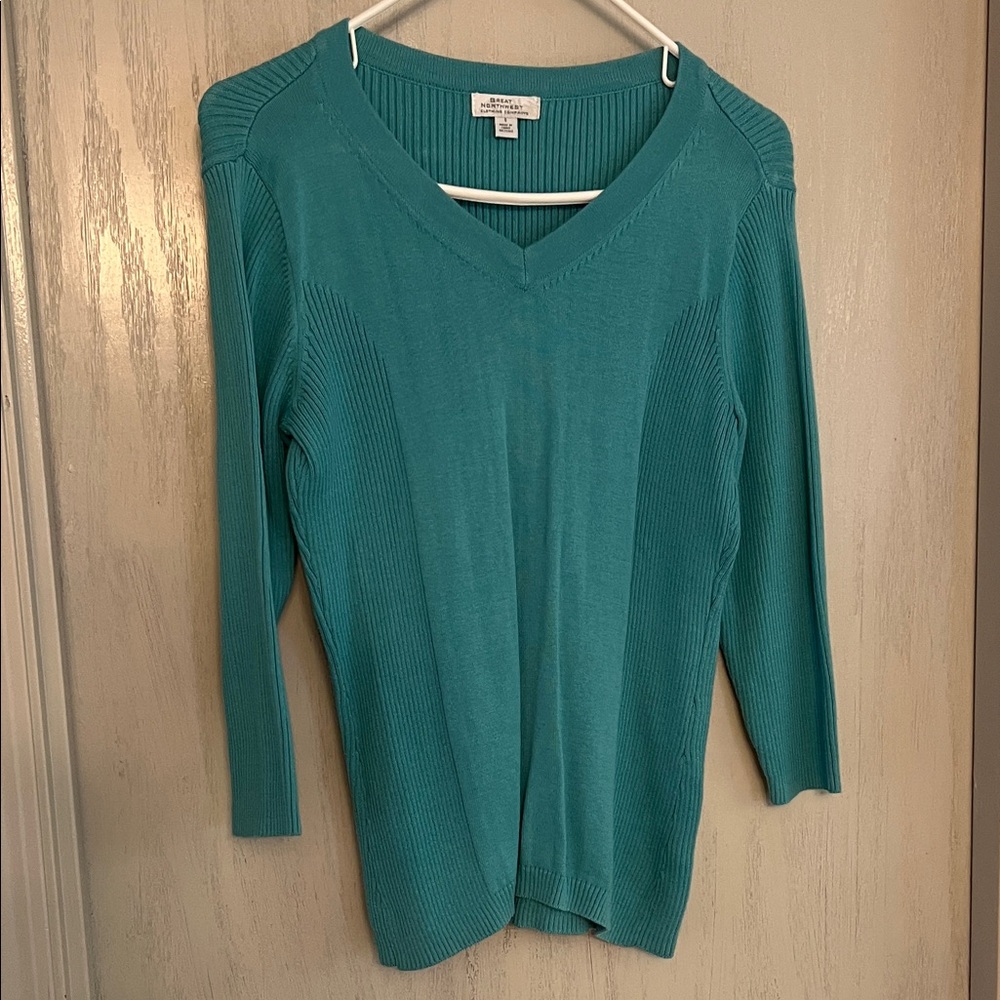 Great Northwest Teal V-Neck Ribbed Panel Sweater